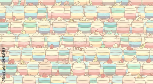 Colorful illustration of layered cakes with cream and fruits in pastel shades for dessert or bakery design