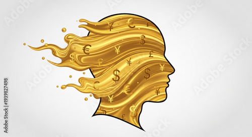 Golden liquid money flowing into human head symbolizing wealth and financial growth on gray background