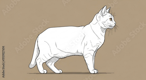 White cat standing sideways on brown background looking right simple line drawing minimalistic style one animal calm mood clean illustration