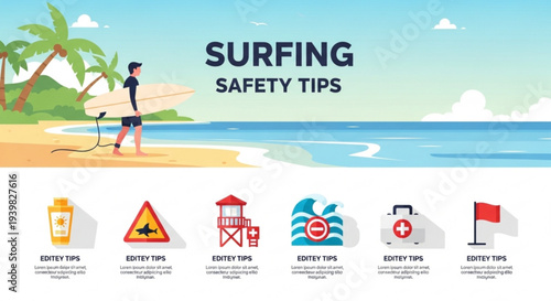 Surfing safety tips infographic with beach scene and icons