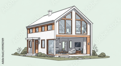 Modern two story house with large windows and wooden accents on light green background