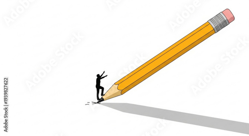A tiny person struggles to climb a giant pencil symbolizing creativity and challenge in a bold colorful illustration with a white background