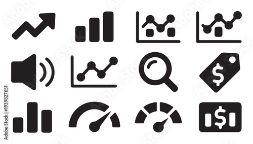 Business analytics symbols with rising trend lines bar charts and search magnifying glass