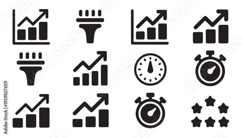 Marketing conversion funnel icons with growth charts stopwatch and customer review stars