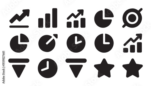 Productivity time management icons featuring pie charts clock faces and target bullseye