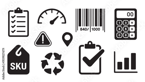 Logistics inventory management icons including barcode sku tag clipboard and calculator