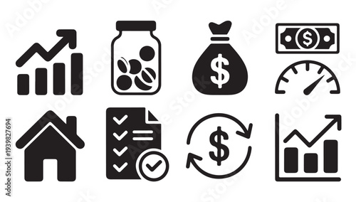 Set of black icon vector illustration of business and commerce in white background