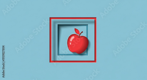 A vibrant red shiny apple in a recessed blue square frame with red border on light blue background