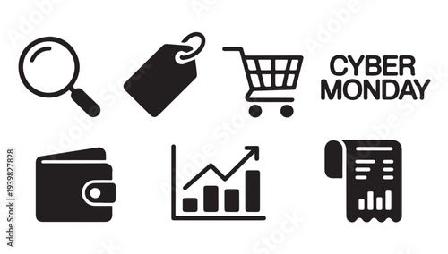 E-commerce and online shopping icons set featuring cyber monday text and retail symbols pack