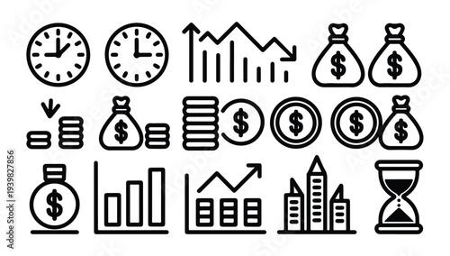 Collection of financial and time-related line icons with clocks, money bags, coins, and charts