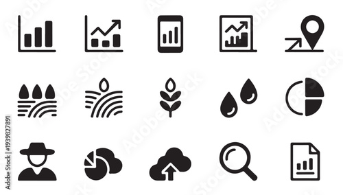 Collection of agricultural and data-related line icons with charts, crops, water drops, and map pin