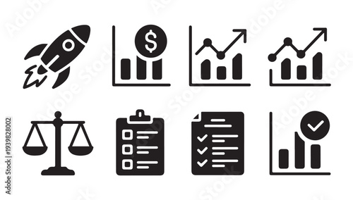 Business growth icons set including rocket, finance chart, balance scale and checklist