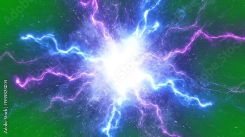 Electricity explosion in vibrant colorful lighting with purple and blue lightning on green background for futuristic technology