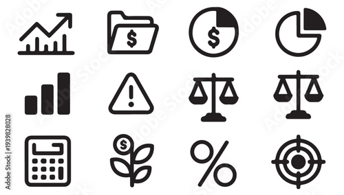 Accounting and legal icons collection with scales of justice calculator and financial growth