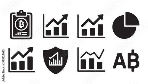 Cryptocurrency and financial analytics icons with bitcoin clipboard and performance dashboard