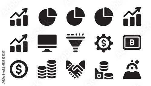 Business and finance solid icon set for presentation, website, application, mobile app, and more