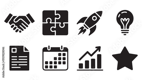 Startup and business solid icon set for presentation, website, application, mobile app, and more