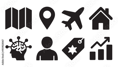 Travel and business solid icon set for presentation, website, application, mobile app, and more