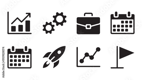 Growing bar chart with upward arrow and two gears, briefcase, calendar, rocket, network graph, and flag