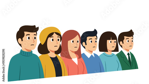 Diverse Group of People with Concerned Expressions Looking Sideways