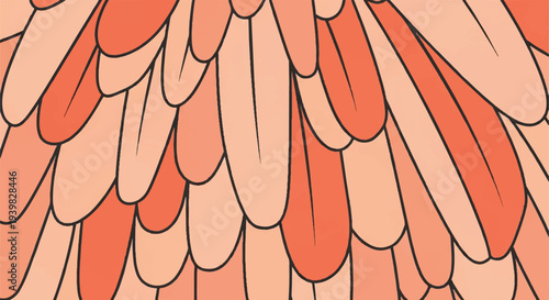 Close-up abstract pattern of overlapping salmon pink and coral colored feathers, creating a soft, organic texture background.