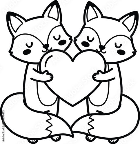 Cuddly cartoon foxes holding a heart