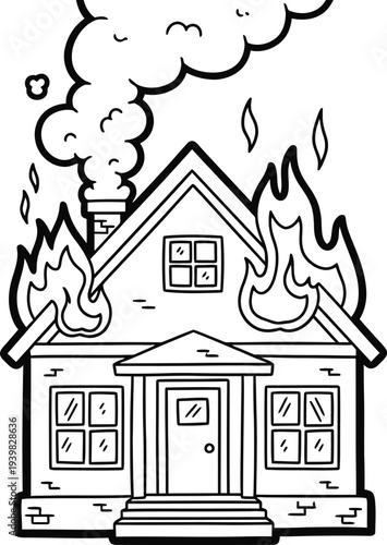 A house engulfed in flames with smoke billowing from the chimney