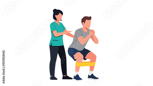 Physical therapist guides man in resistance band squats for recovery and fitness