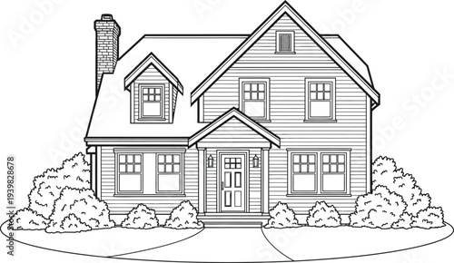 A two story house with a gable roof and chimney