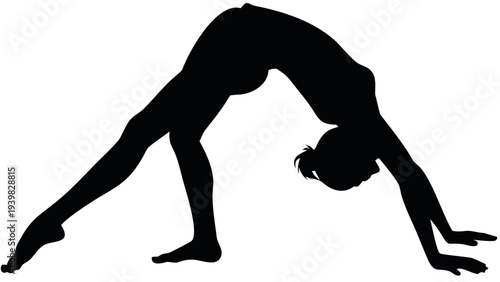 Woman in dynamic yoga pose, stretching and bending backwards