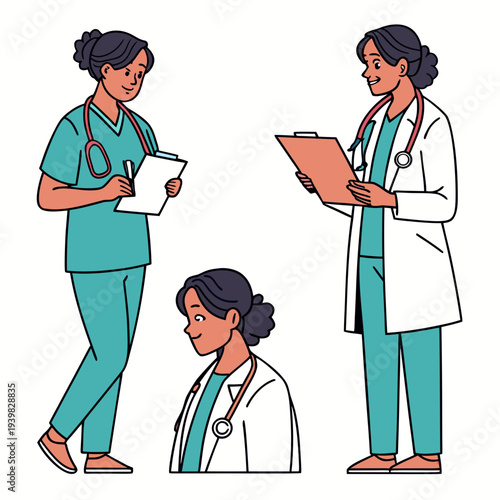 Medical professionals in scrubs and lab coats reviewing patient records