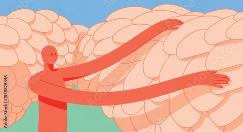 Abstract red figure with elongated arms reaching out to hug fluffy, light-colored organic shapes against a blue sky.