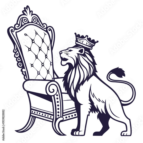 Majestic lion wearing crown standing beside ornate throne