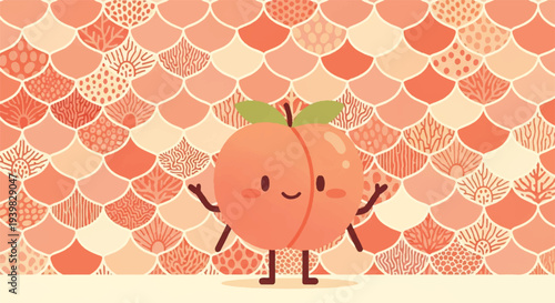 Cute cartoon peach character with smiling face and arms raised against a patterned background of peach scales