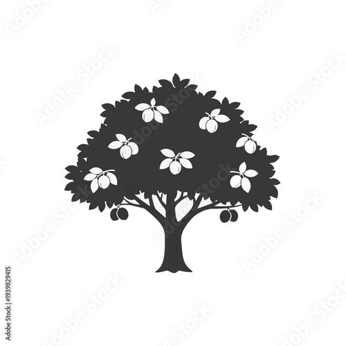 A stylized, silhouetted illustration of a fruit tree laden with ripe fruits, set against a stark white background.