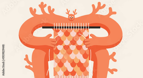Whimsical orange creature with antlers knitting a colorful scaly pattern on a light background, illustration