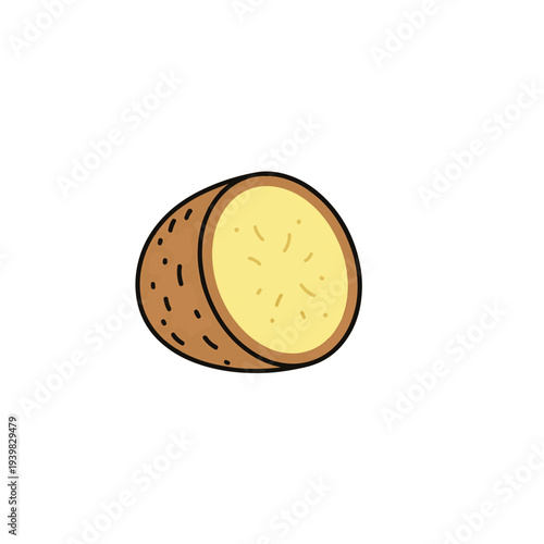 A simple, cartoon-style illustration of a halved potato against a white background, showing its brown skin and yellow interior with visible starch lines.