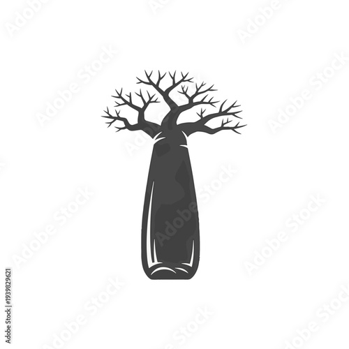 Stylized graphic of a baobab tree with a thick, bottle-shaped trunk and bare, branching limbs against a white background.