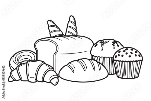 A black and white illustration of various types of baked goods