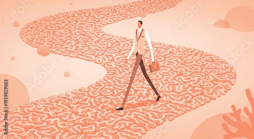 Man walking on a winding path made of brain patterns, symbolizing a journey of thought or intellect