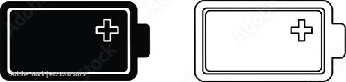 Set of 2 Battery Icons Vector with Plus Sign Terminal in Black Filled and Outline Styles for Power and Energy Indicators