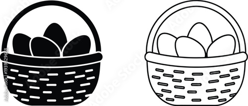 Set of 2 Easter egg basket icons vector, featuring one filled black silhouette and one outline style, perfect for holiday designs, web, and print media.