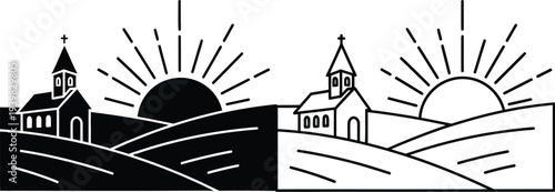 Sunrise over church and landscape Vector