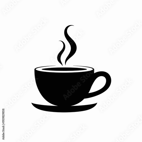 Black silhouette of a steaming coffee cup on a saucer.