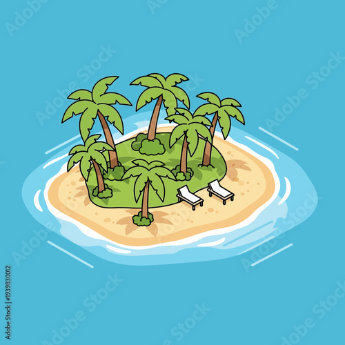 Tropical island with palm trees and beach chairs in the ocean.