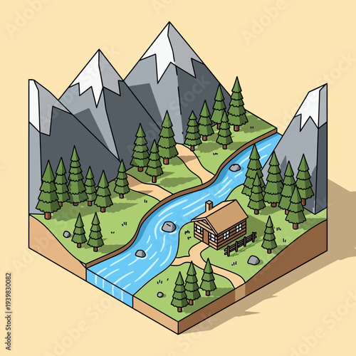 Tablou pe pânză Isometric illustration of a serene mountain landscape with a river and cabin