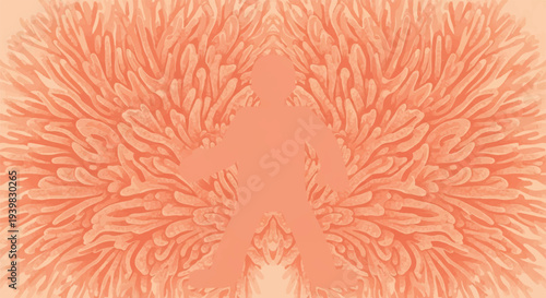 Silhouette of a person with abstract floral or feather-like wings spreading outwards in a warm orange hue