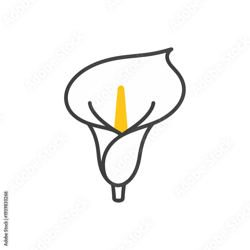 A minimalist line art illustration of a white Calla Lily with a yellow pistil, set against a white background.