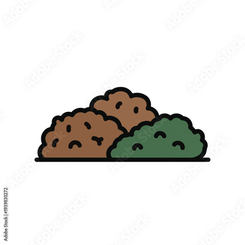 A stylized illustration depicts three mounds: two brown representing dirt or compost, and one green representing foliage or grass.