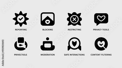 Collection of black icons representing online safety and moderation tools.